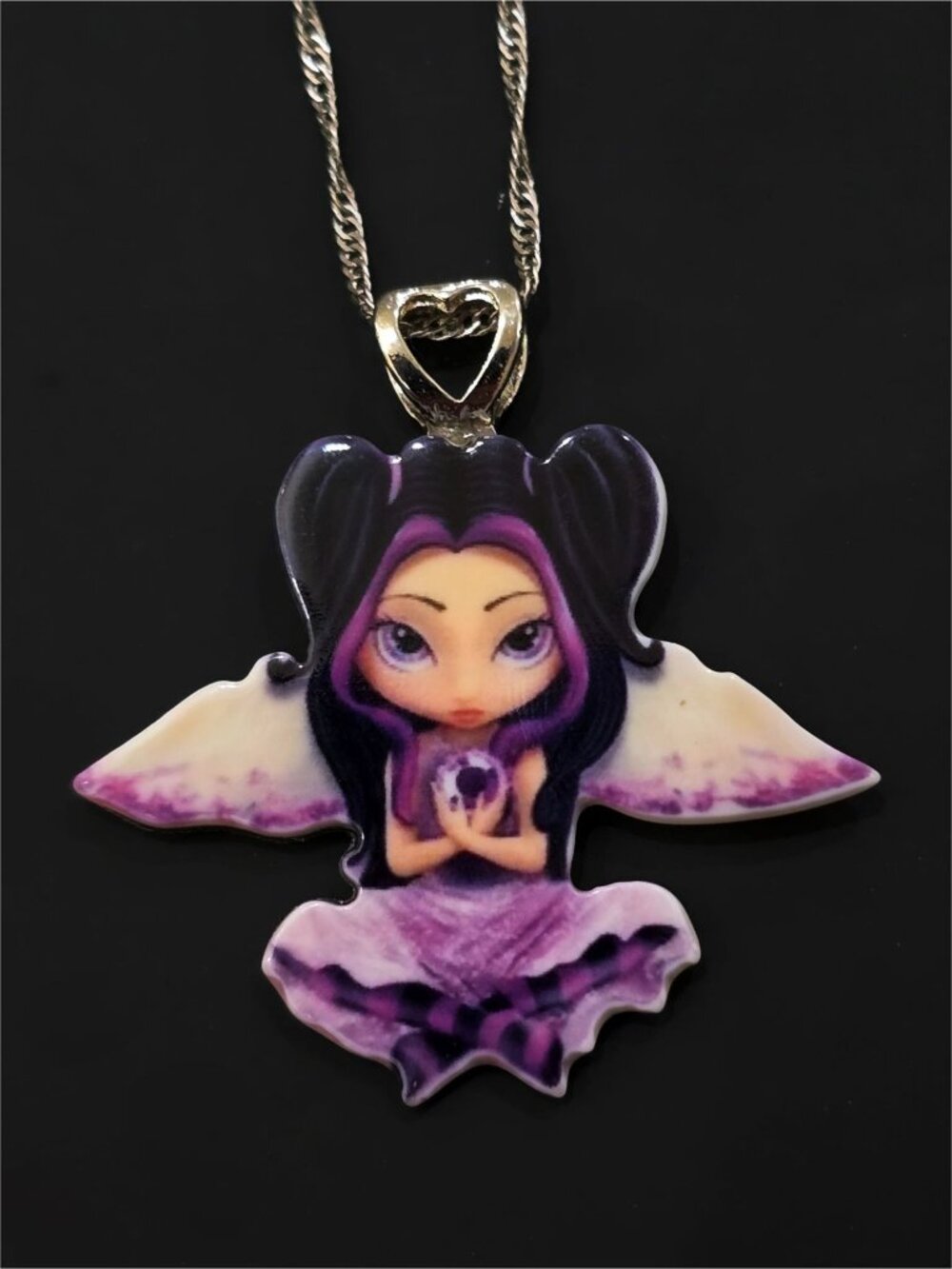 Hand Crafted ✦ Purple Winged Girl Acrylic Pendant Necklace ✦ Heart Bail NWT